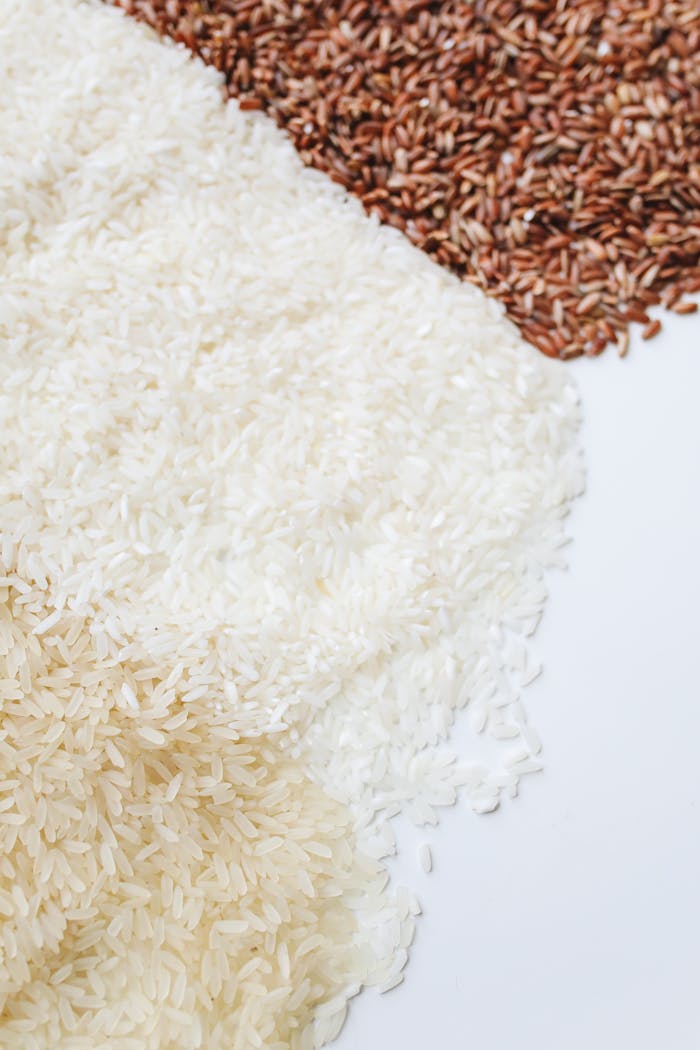 gallery-02 Close-up of assorted uncooked rice demonstrating diversity in grain types on a white background.